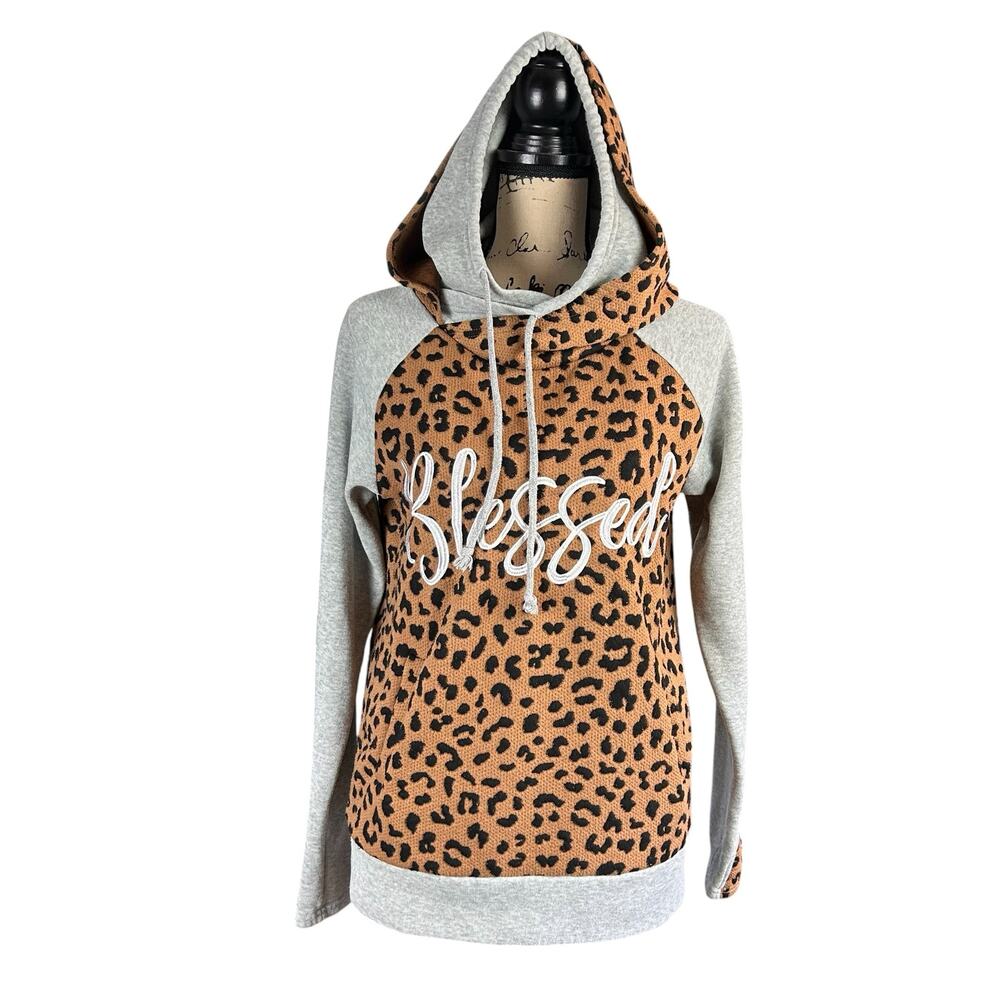 Love in Faith Blessed Hoodie Women Size Small Brown Gray Leopard Raglan Pullover